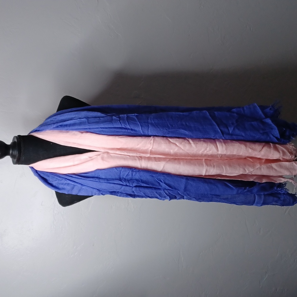 Set of‎ 2 Lightweight Gauze Scarves Blue and Pink Raw Edge Fringe Frayed Hem
